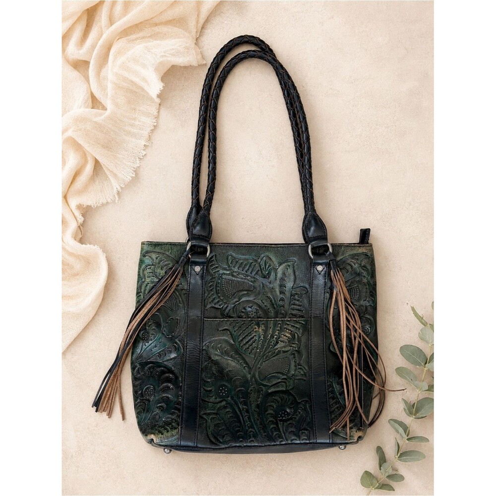 Patricia Nash Rena Burnushed Hand-Tooled Green Leather Tote with Tassel Accents